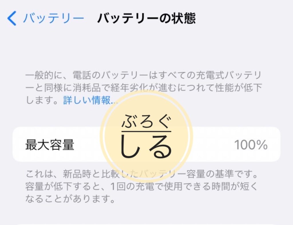 アイサポでバッテリー交換をしてから約半年経過後の最大容量は100％だった